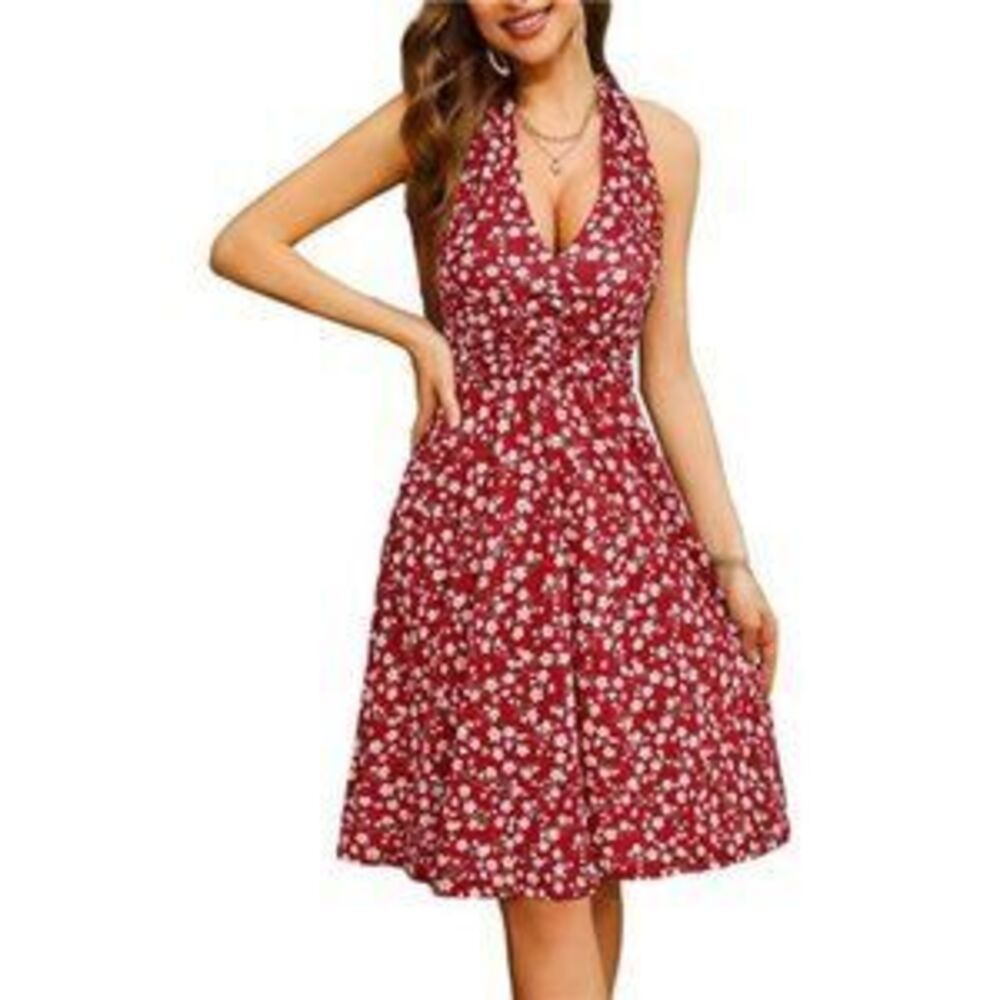 Women's Summer Sleeveless Halter Neck Spring Boho Floral with Pocket Mini Dress